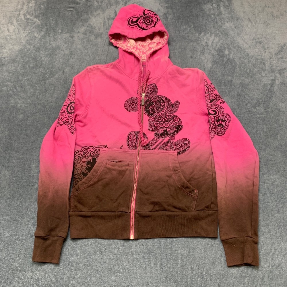 Y2K Disneyland Hoodie Womens Medium Pink Mickey Mouse Paisley  Full Zip